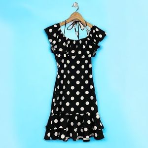 Boutique Black/White Polka Dot Ruffle Hem Off Shoulder Halter Dress M 7/8